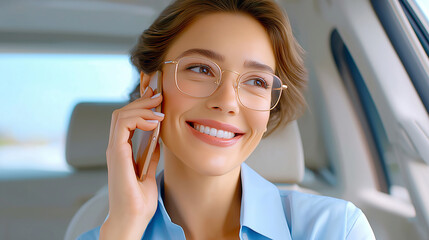 Smiling young woman sitting in the back seat of a car, holding a smartphone, phone conversation.