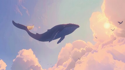 Surreal whale swimming through dreamy pastel clouds in fantasy sky background