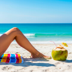 Woman's legs sunbathing and green coconut in a beach environment with turquoise sea and blue sky
