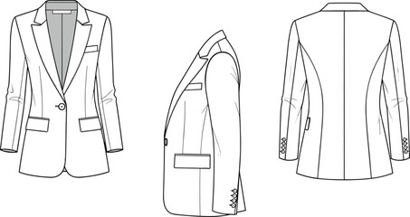 Blazer cad sketch, front view, side view, back view, fashion vector illustration, technical garment drawing, flat design, tailored silhouette