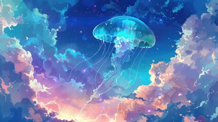 Colorful jellyfish floating in dreamy sky fantasy world background with glowing tentacles and bubbles