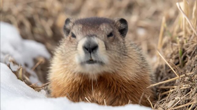 Adorable and fluffy groundhog is exploring the snowy winter weather to determine if it is winter or spring