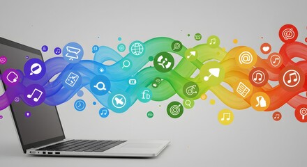 Laptop with colorful wave of social media icons emanating from the screen on a white background