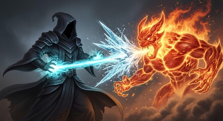 Epic Fantasy Duel Ice Mage vs. Fire Demon - Digital Painting