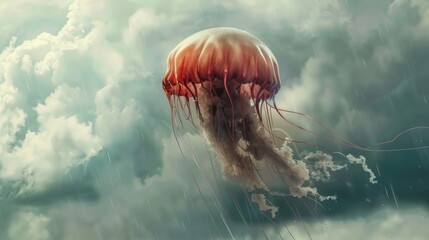 Transparent jellyfish floating in stormy rain clouds with dramatic weather background scene
