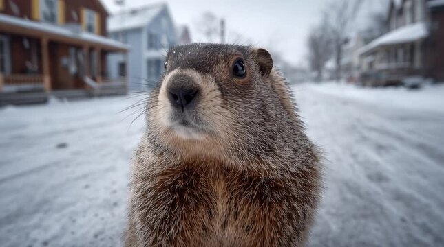 Adorable and fluffy groundhog is exploring the snowy winter weather to determine if it is winter or spring