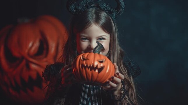 Young girl on Halloween dressed as devil witch holding a jack o lantern pumpkin for the October American holiday