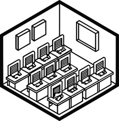 Fototapeta premium isometric classroom with row of computers and monitors