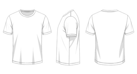 Blank white t-shirt template in three views: front, side, back  
