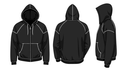 Black hoodie with zipper and pocket displayed from multiple angles  