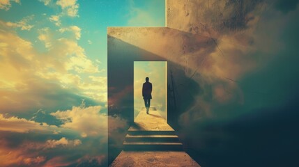 Silhouette man walking through geometric architecture with stairs and dramatic shadows, surreal illustration