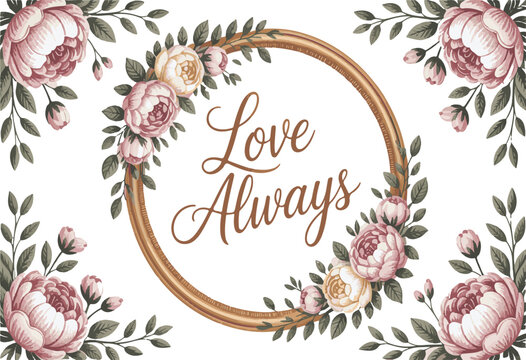 Romantic floral design featuring love always text in a gold frame and peony accents - Powered by Adobe