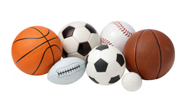 Collection of various sports balls including basketball soccer baseball and football isolated on transparent background