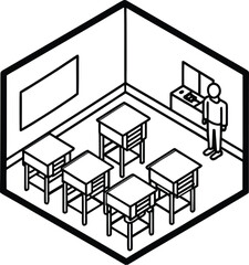 isometric classroom with teachers desk and empty seats
