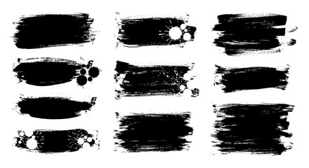 Black paint brush strokes in various shapes and sizes for design  