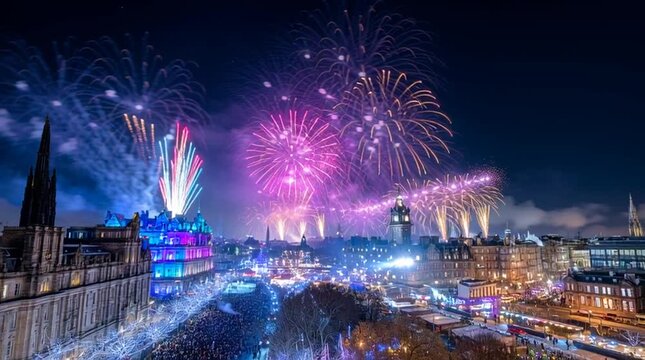 Hogmanay concept with Scottish city celebrating the winter holiday with fireworks and a festival