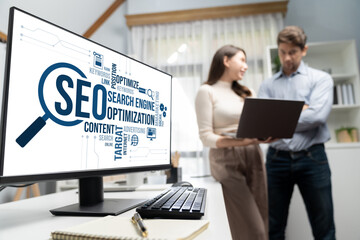 SEO search engine optimization for brisk e-commerce and online retail business showing on computer...