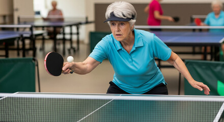 Focused active elderly woman playing ping pong. Sport concept for seniors, sport for retirement