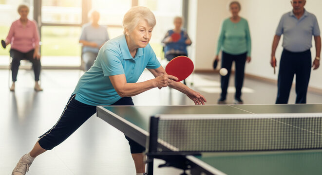 Focused active elderly woman playing ping pong. Sport concept for seniors, sport for retirement