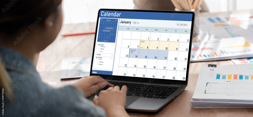 Aufkleber calendar on computer software application for schedule planning for personal organizer and online bu