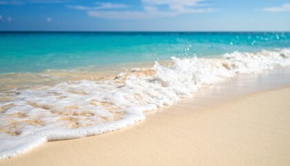Fototapeta premium Ocean waves gently wash onto a sandy beach under a bright blue sky.
