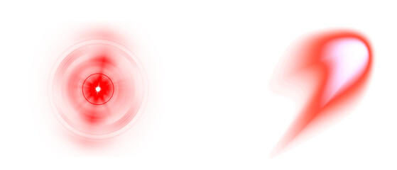 Bright red circular glow with a white center &mdash; resembles an energy orb, sci-fi power core, or digital sun, A dynamic, red swoosh-like light shape with a white glow , looks like a comet tail, energy 