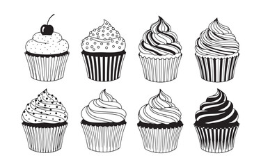 Collection of eight hand drawn cupcakes in a grid pattern