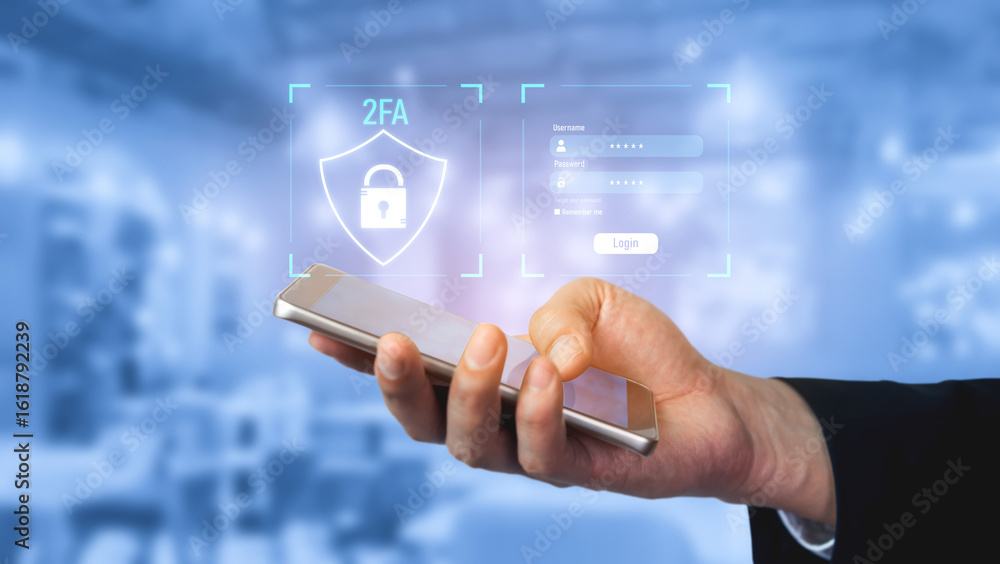Poster two-factor authentication strengthens login system security. adds protection, two-factor authenticat
