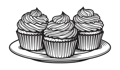 Three swirled frosted cupcakes on a plate sketch