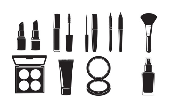 Collection of black and white makeup products and tools
