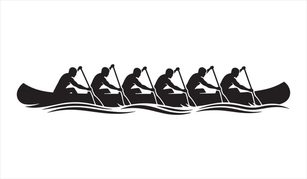 Silhouette of a team of six people paddling a canoe