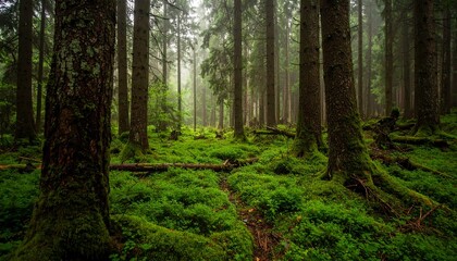 Obraz premium A lush forest scene showcasing tall trees, green moss, and a misty atmosphere.