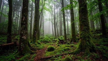 Obraz premium A lush, verdant forest interior with tall trees and a misty atmosphere.