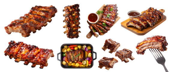 Set of Baby back spare side ribs sparerib pork meat, sliced slab, barbecue grilled smoked braise, oven tray, wooden serve board, fork, sauce dipping, isolated transparent cutout PNG. Mockup template