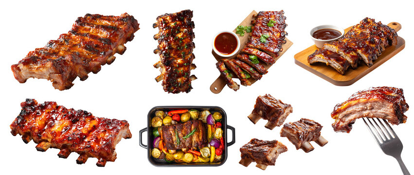 Set of Baby back spare side ribs sparerib pork meat, sliced slab, barbecue grilled smoked braise, oven tray, wooden serve board, fork, sauce dipping, isolated transparent cutout PNG. Mockup template