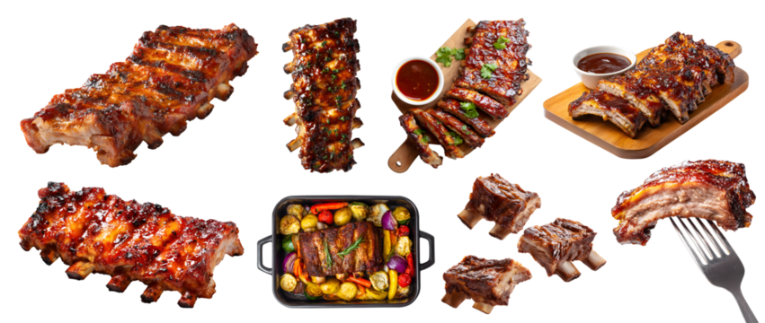 Set of Baby back spare side ribs sparerib pork meat, sliced slab, barbecue grilled smoked braise, oven tray, wooden serve board, fork, sauce dipping, isolated transparent cutout PNG. Mockup template
