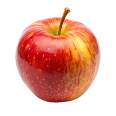 Red and yellow apple with stem and small dots on a black background isolated on a transparent background