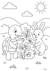 Coloring book turtle and bunny gardening together.