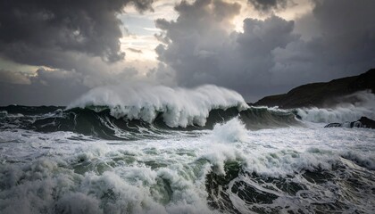 Obraz premium A powerful ocean wave crashes against rocky coastline under a stormy sky.