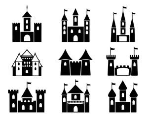 Fototapeta premium Collection of stylized medieval fortress outlines featuring classic architectural elements and a clean modern aesthetic suitable for various design applications
