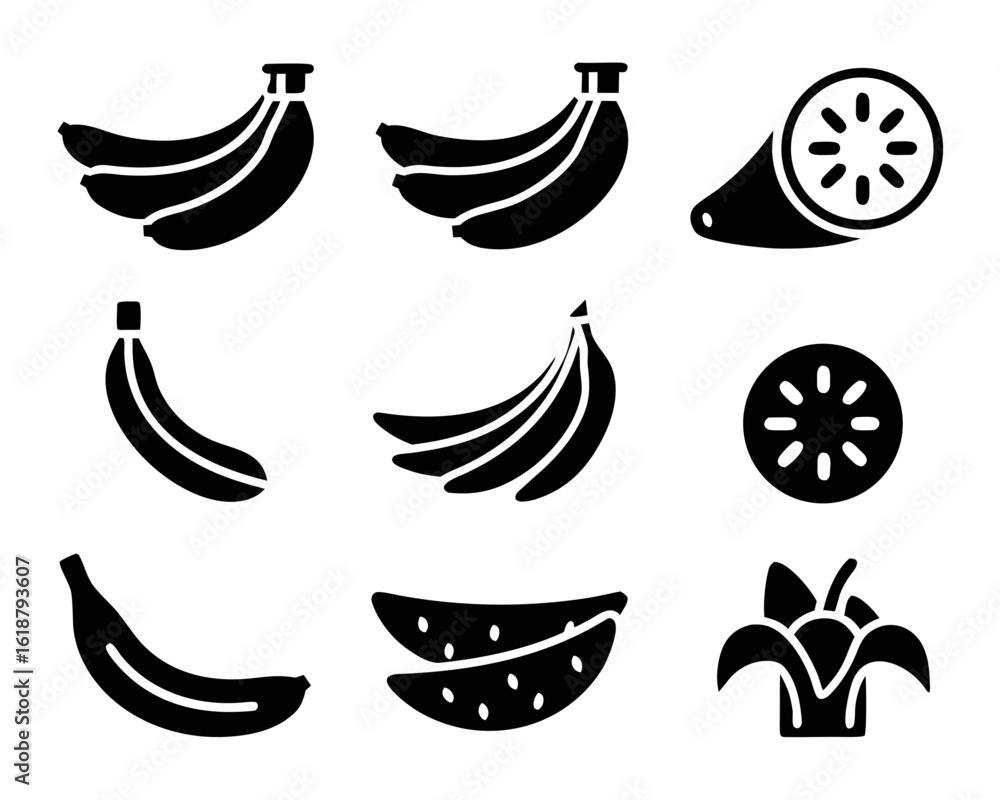 Poster a clean solid graphic representation of a cluster of ripe bananas showcasing a simple and bold glyph