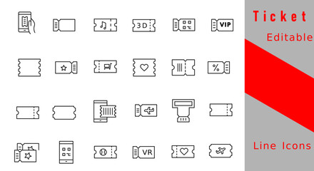 Editable Line Ticket Icons Set – Minimal Event, Movie, Travel, Concert Vouchers Vector Pack