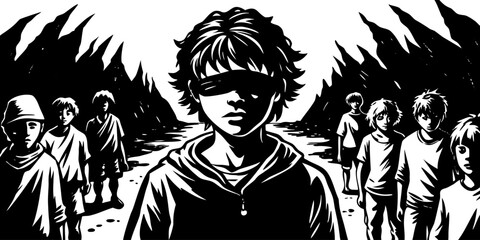 Vector art of monochrome illustration of a blindfolded boy leading a group through a dark forest landscape scene drawing vector illustration