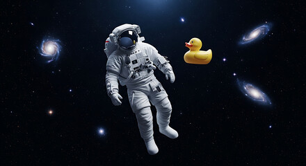 An astronaut in a spacesuit floats in space, with a yellow rubber duck nearby, amidst a backdrop of galaxies.
