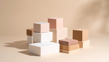 A collection of stacked, pastel-colored cubes of varying sizes arranged on a beige surface, casting shadows.