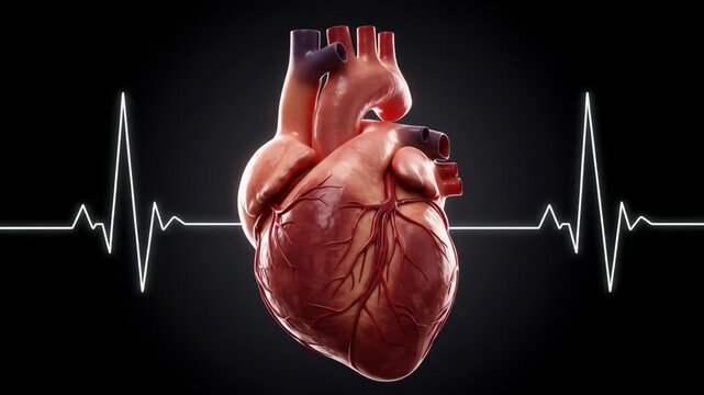Detailed anatomical heart illustration with EKG rhythm presented on a dark background.