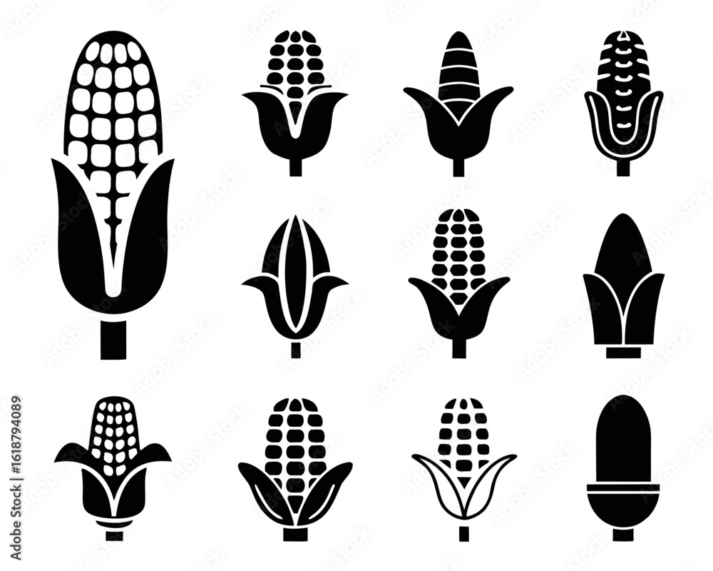 Poster a clean solid graphic representation of a ripe ear of corn on the cob showcasing its kernels and hus