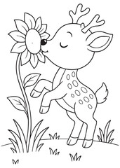 Coloring book deer happily sniffing a big blooming flower in the meadow.