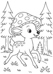 Coloring book deer with a mushroom hat running in the forest.