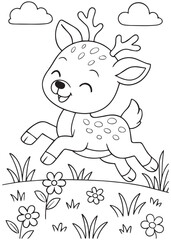 Coloring book cheerful baby deer playing in the meadow with flowers and grass.